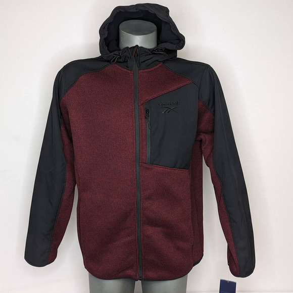 NWT Softshell Stretch Fleece Lined Jacket Full Zip + Zip Pocket Maroon Black L - Picture 1 of 11
